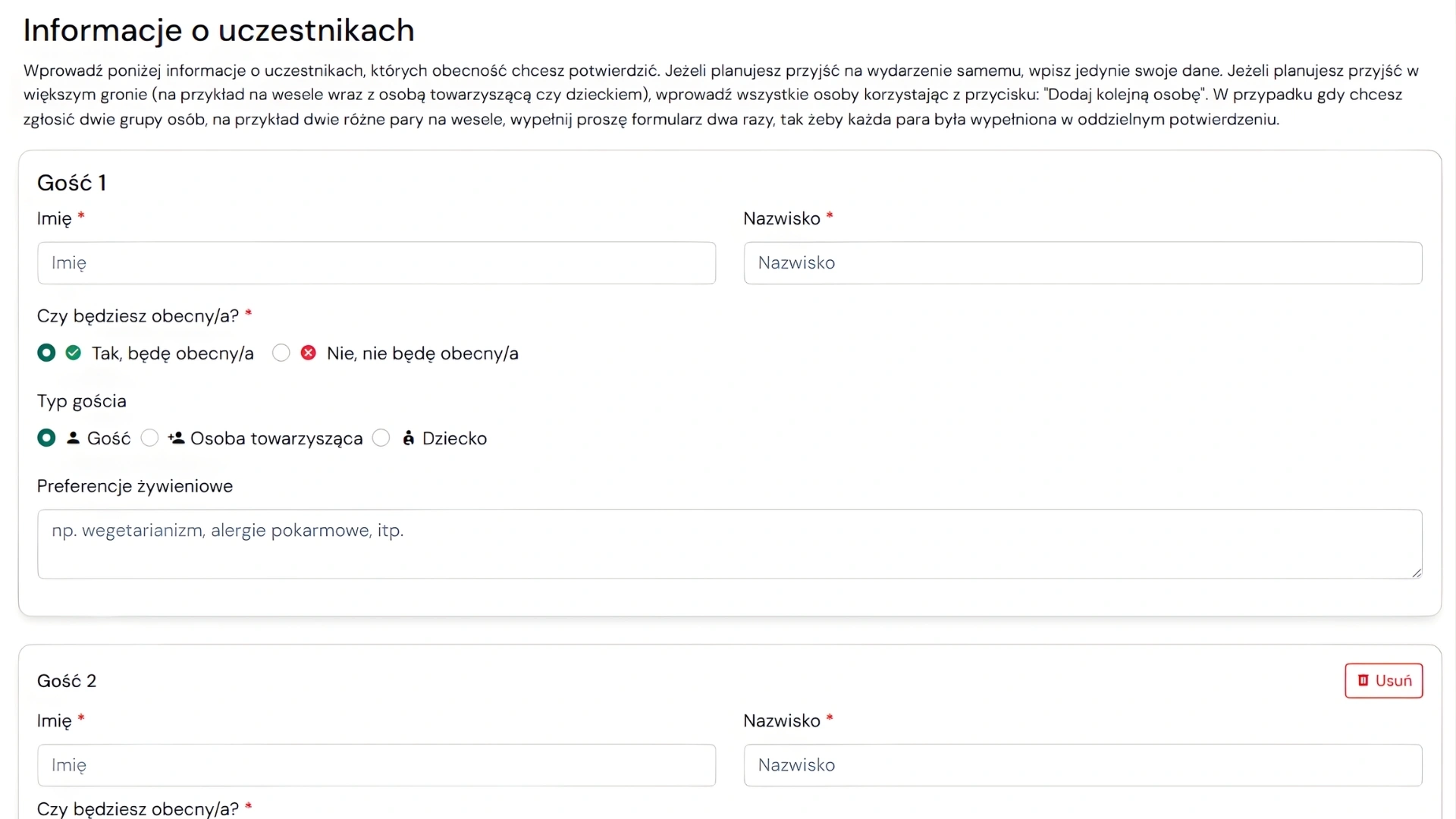 Formularz RSVP na stronie weselnej JustFilm.it