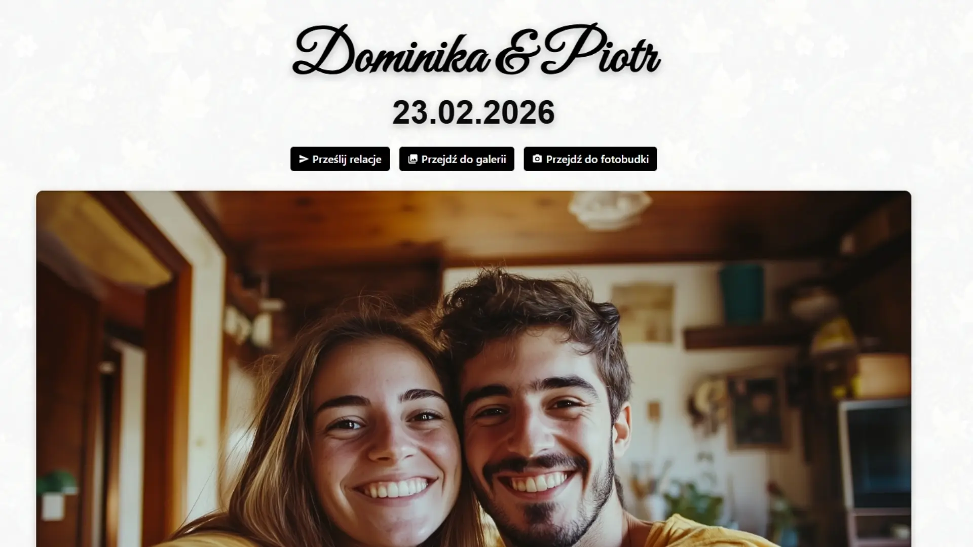 Przykładowa strona weselna - widok główny z imionami i zdjęciem Pary Młodej
